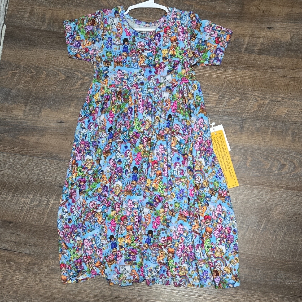 7/8 Bamboo Girls' Blue Multicolor Character Print Dress
